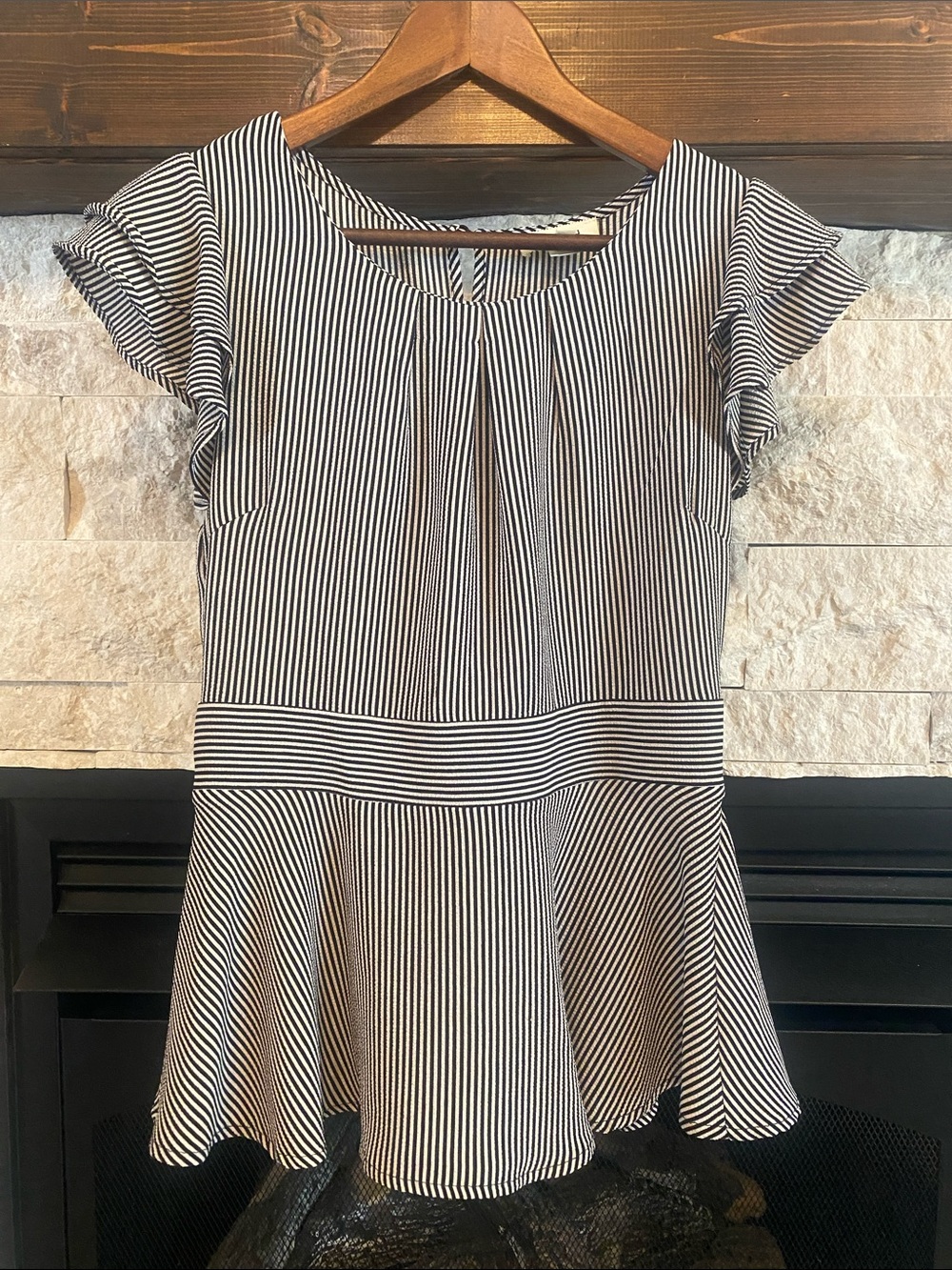 Monteau Black & White Striped Peplum Blouse
